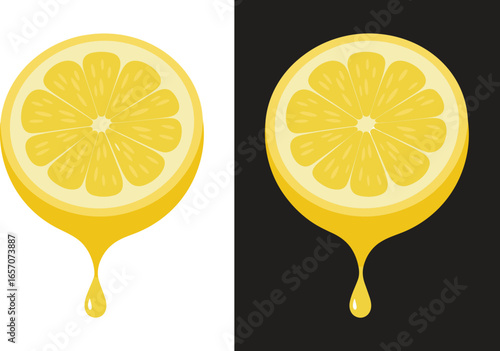 Fresh lemon slice dripping juice, vector citrus fruit illustration, juicy yellow lemon on white and black background, vibrant modern food design