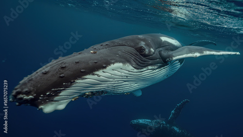 Fantastic closeup humpback whale gently dancing in blue water close to surface, light shimmering. Underwater shot full body whale. Concept of natural habitat wildlife marine animals of Tonga