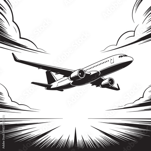 Stylized flying aircraft silhouette in black  suitable for airport infographics, aviation presentations, travel print materials, airline branding kits, and minimal professional themes
