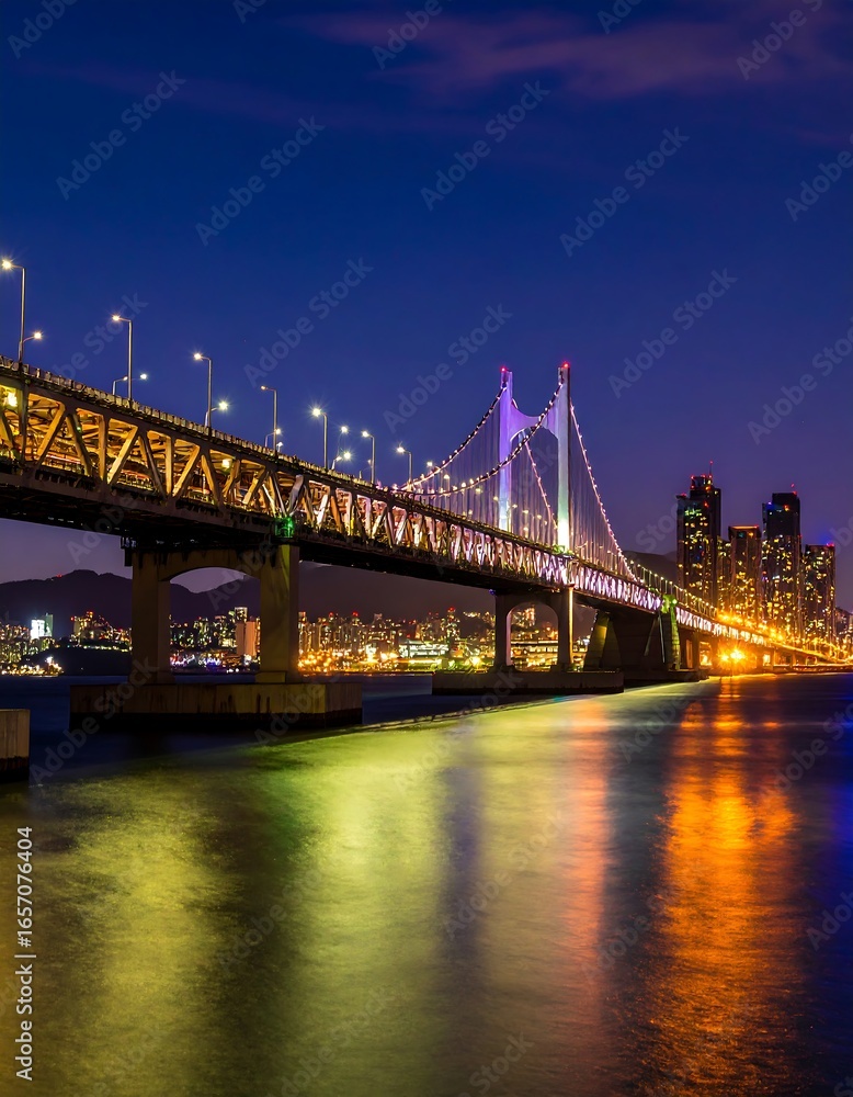 Fototapeta premium Illuminated bridge at night over water (1)