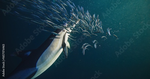 Stunning underwater footage capturing a pod of common dolphins in a feeding frenzy as they hunt sardines. This dynamic and high-quality stock footage showcases the speed, agility, and teamwork.