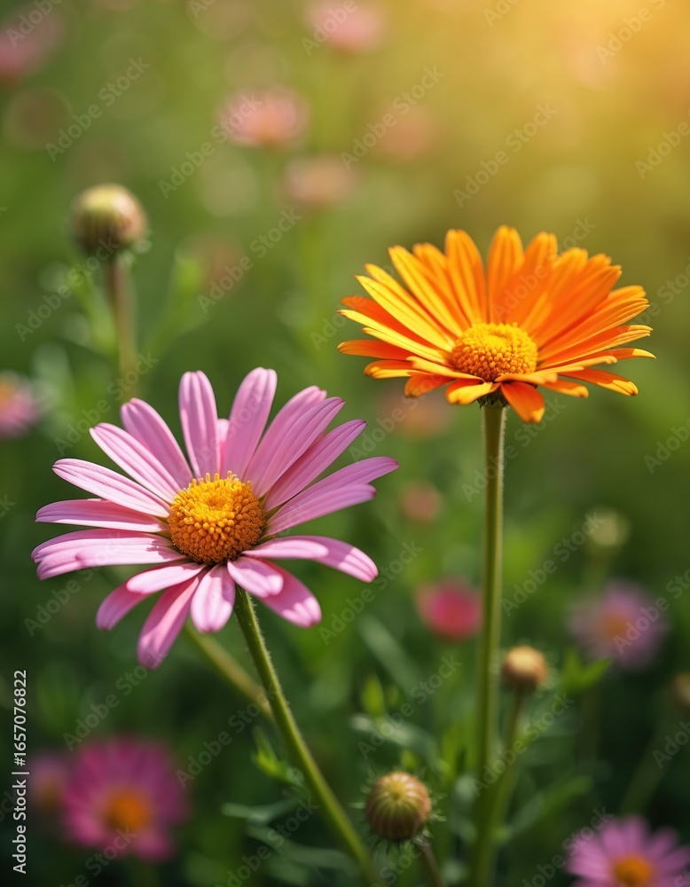 Obraz premium Sunlit meadow displays vibrant pink and orange daisy flowers in bloom. Soft green background with blurred bokeh effect. Captures summer season beauty, nature, and floral garden vitality.