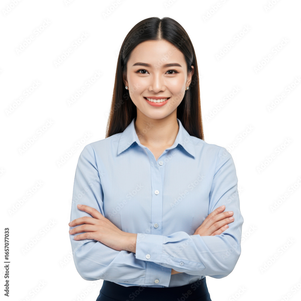Smiling young asian woman with arms crossed confidently wearing a light blue button down shirt isolated on transparent background Smiling young asian woman with arms crossed confidently wearing a light blue button down shirt isolated on transparent background