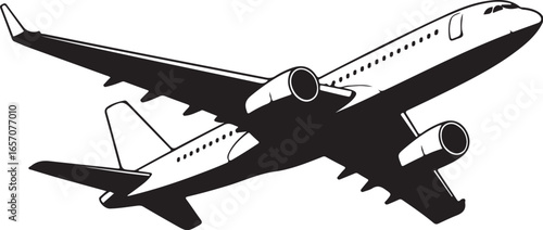 Minimalist airplane vector in black and white perfect for airline branding, travel brochures, flight booking platforms, aviation logos, and transportation-related web design projects