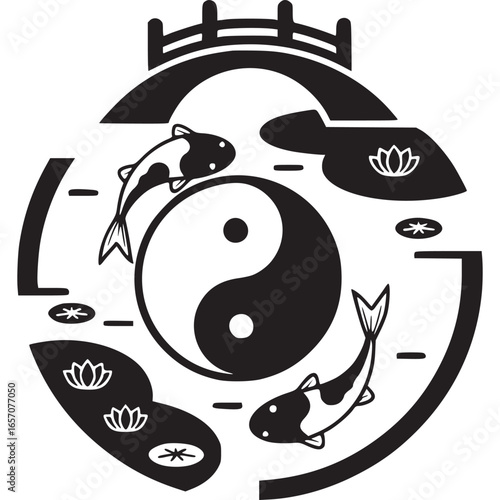 Yin yang koi fish vector illustration isolated on white background a symbol of balance and harmony in asian culture with lotus and bridge