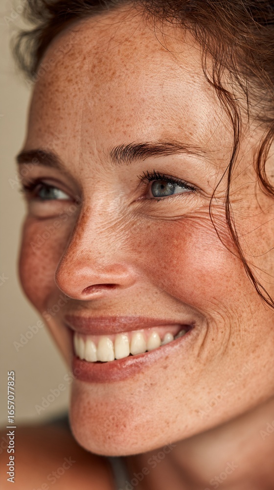 Obraz premium Smiling woman with freckles, showcasing vibrant, healthy skin, radiating confidence and warmth; ideal for beauty, portrait, and lifestyle themes in photography collections.