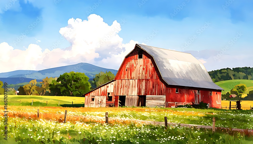 Fototapeta premium Scenic countryside landscape with a red barn.