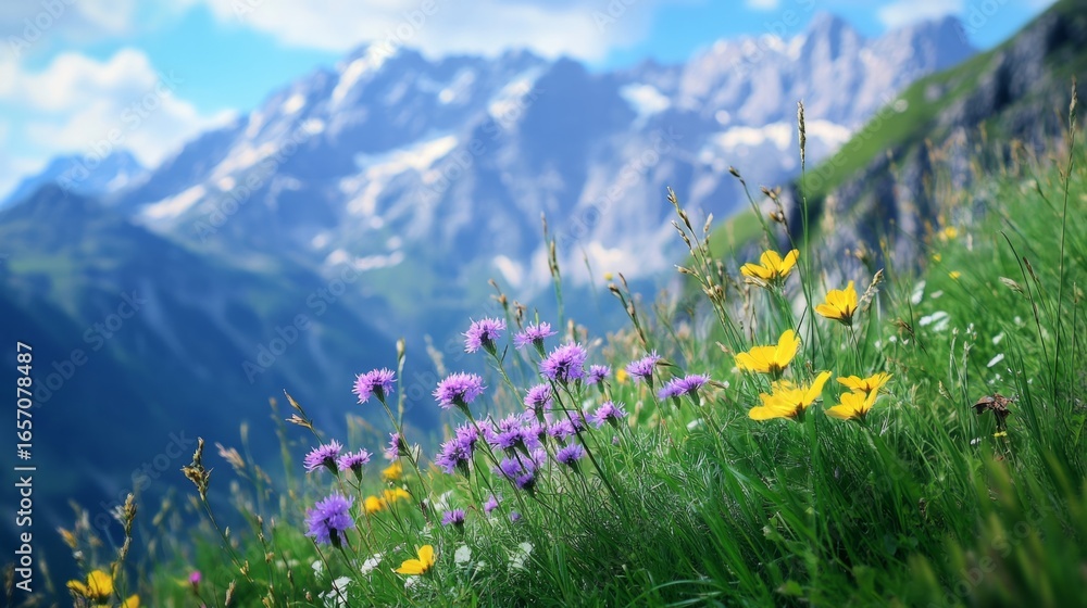 Obraz premium wildflowers among the beautiful and large mountains generative ai
