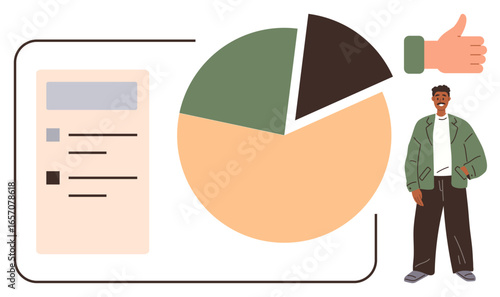 Pie chart, checklist, smiling person, and thumbs-up gesture. Ideal for data presentation, performance review, teamwork, goal setting, progress evaluation achievement acknowledgment simple flat