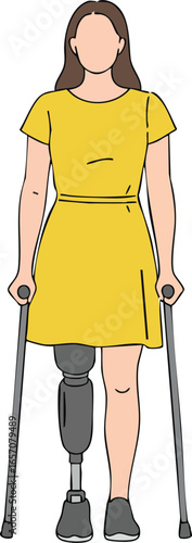 Woman with prosthetic leg using crutches walking in yellow dress vector illustration for disability empowerment and mobility support 