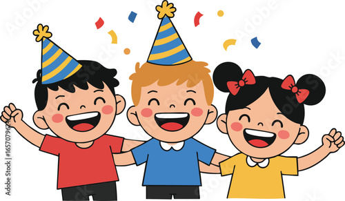 Children celebrating birthday party with colorful hats and confetti cheerful happy kids enjoying festive occasion 