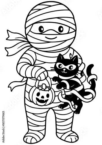 Black and white vector cartoon mummy holding black cat and pumpkin basket, perfect for engraving, prints, tattoos, Halloween projects