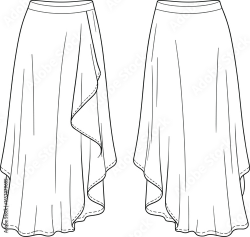 high low hemline skirt, asymmetrical layered design, flowing skirt style, front and back view, garment flat, clothing vector, fashion cad drawing, apparel design