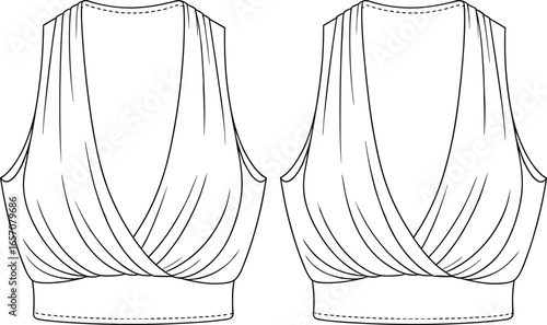 sleeveless wrap crop top, deep v neckline, gathered bust, fitted waistband, draped loose fit, garment flat, fashion cad drawing, clothing vector, apparel design, sewing template
