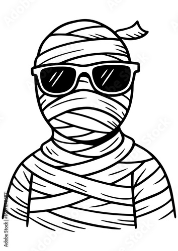 Black and white vector cartoon mummy portrait wearing sunglasses, ideal for Halloween engraving, prints, tattoos, and creative projects