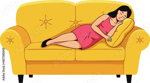 Woman resting peacefully on yellow sofa in relaxed indoor lifestyle scene vector illustration 
