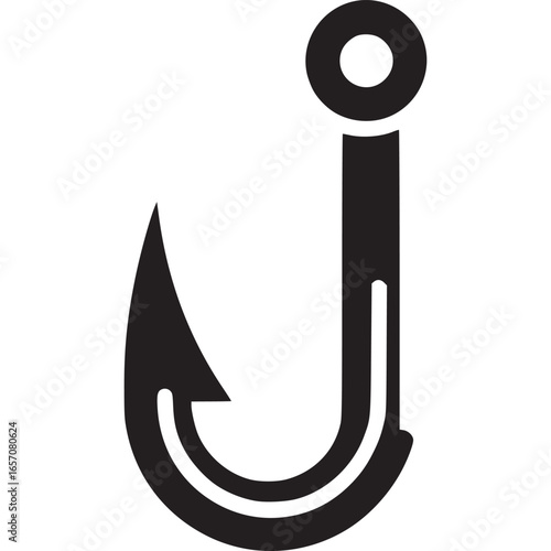 Fishing hook silhouette isolated on white background, a sharp and essential tool for angling, perfect for fishingrelated logos and designs