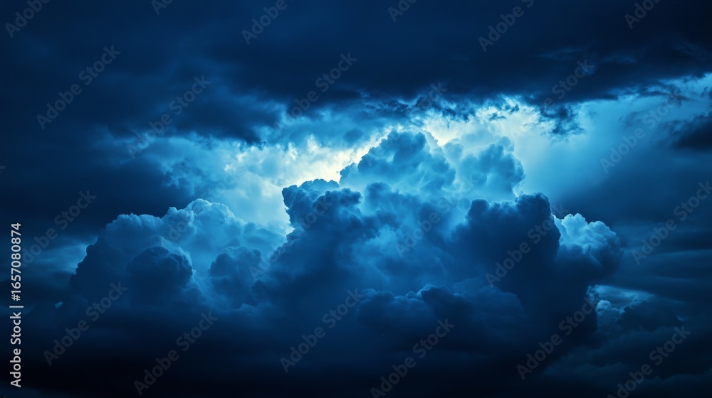 Naklejka premium large clouds, stormy skies, lightning, blue tones generative ai