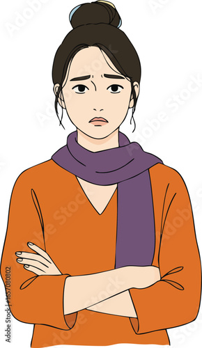 Worried young woman with arms crossed wearing orange top and purple scarf illustration showing concern and anxiety natural expression 