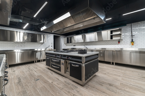 A fully equipped commercial kitchen features stainless steel appliances, a large central cooking area, and an organized workspace ideal for professional chefs during busy hours