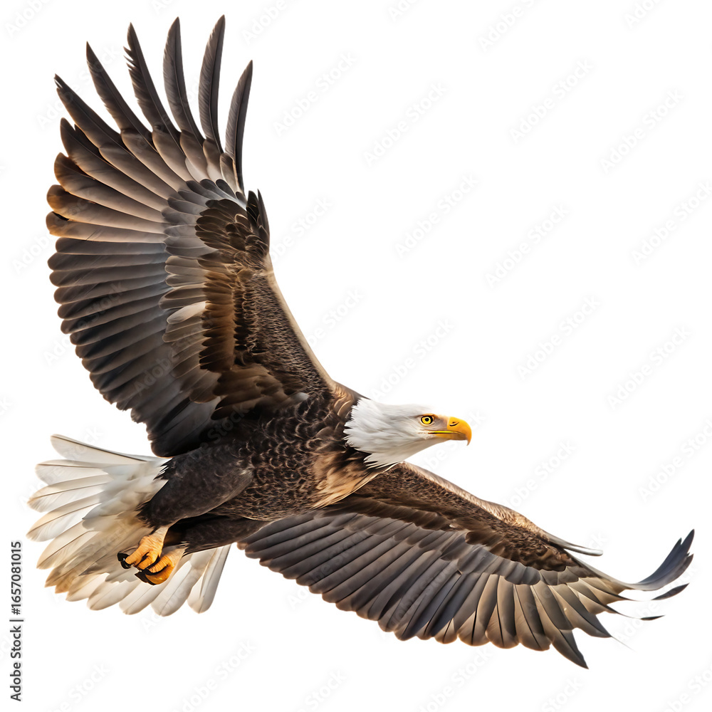 Obraz premium Bald eagle in flight, wings spread wide, isolated on transparent background