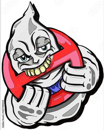 A menacing, cartoonish ghost-like creature with sharp teeth and a smirk, emerging from or holding a red 'no' symbol, reminiscent of a twisted Ghostbusters logo.