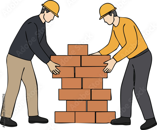 Construction workers collaborating to build brick wall teamwork and safety in building site vector illustration 