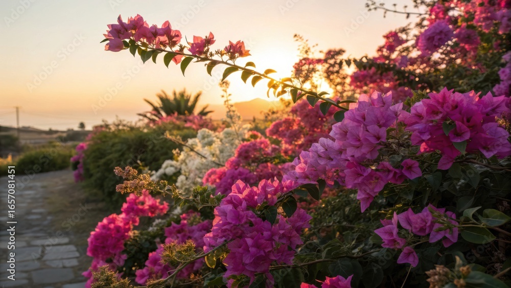Fototapeta premium Vibrant pink bougainvillea flowers bloom in the warm glow of a setting sun creating a picturesque garden pathway scene