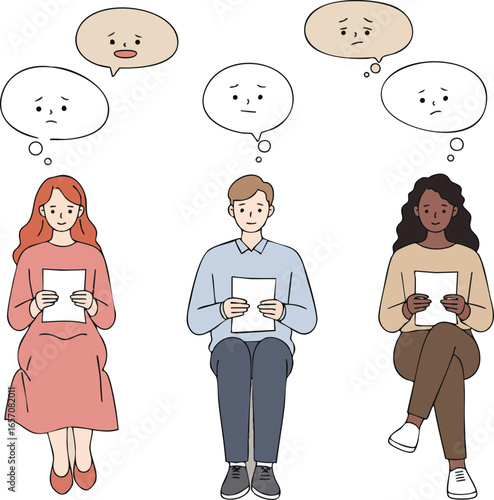 Diverse group of people experiencing anxiety and stress with thought bubbles showing worried faces vector illustration 