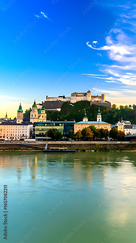 Obraz premium Panoramic view of a city skyline reflected in a calm river at dawn.