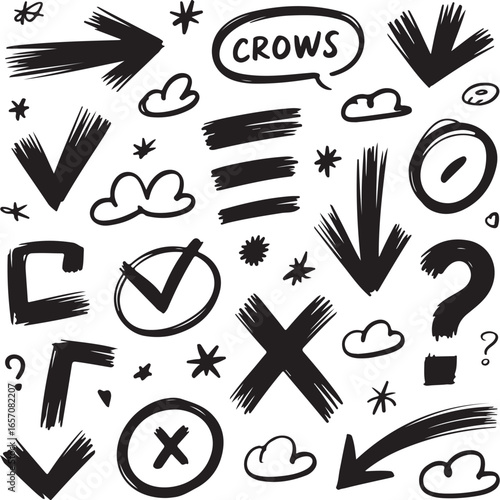 Vector doodle sketch elements  includes hand drawn arrows, checkmarks, punctuation marks, and speech bubbles, ideal for education materials, UX/UI design, infographics, and creative projects