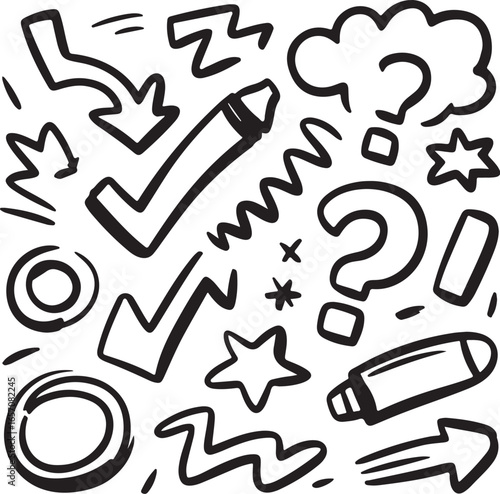Vector doodle sketch elements  includes hand drawn arrows, checkmarks, punctuation marks, and speech bubbles, ideal for education materials, UX/UI design, infographics, and creative projects