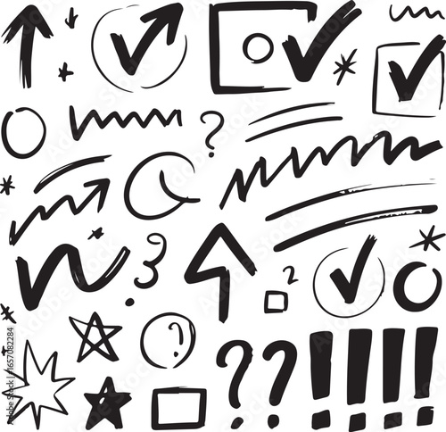 Vector doodle sketch elements  includes hand drawn arrows, checkmarks, punctuation marks, and speech bubbles, ideal for education materials, UX/UI design, infographics, and creative projects