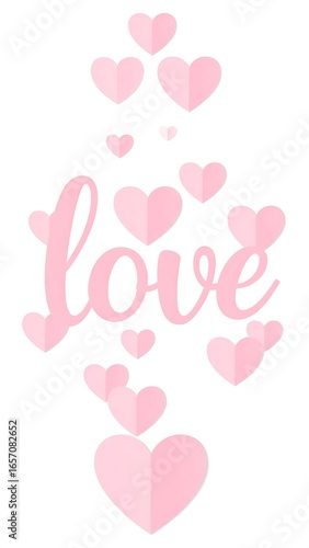 Pink hearts surround the word 