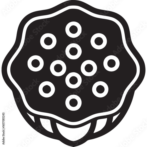 A black and white vector graphic of a lotus seed pod isolated on white background