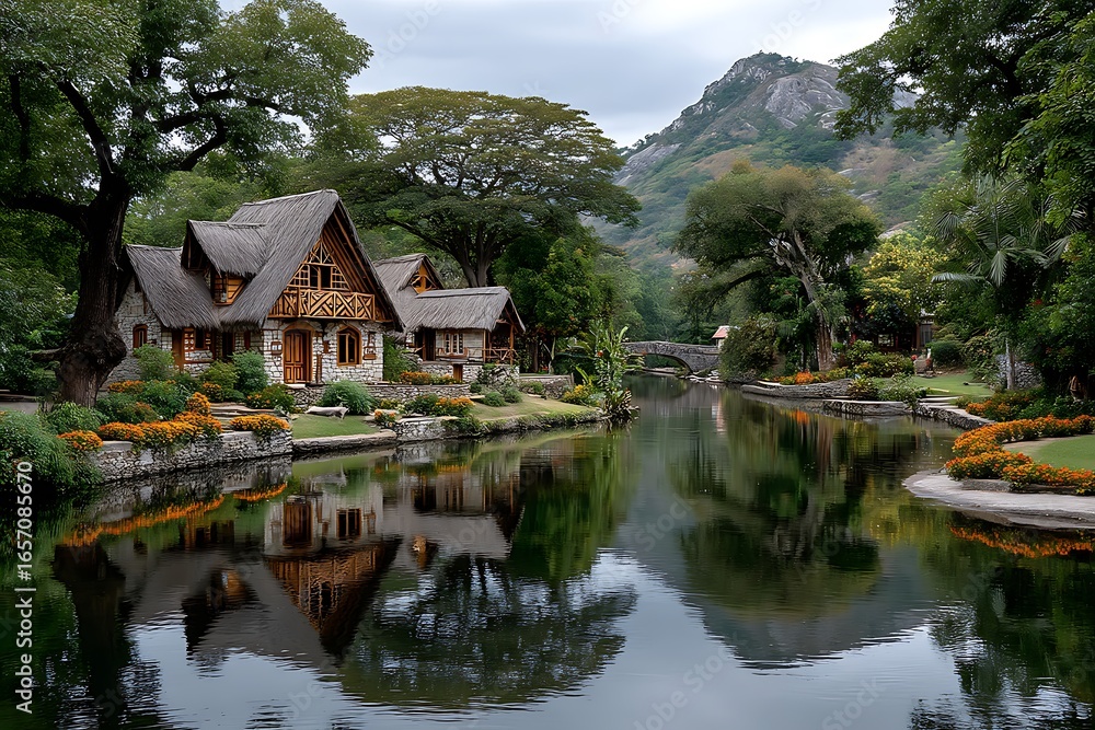 Naklejka premium Charming cottages along a forest canal high resolution picture