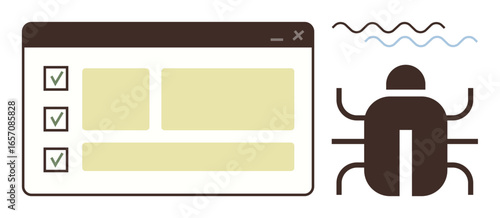 Open browser interface with completed checklist beside bug graphic. Ideal for debugging, programming, coding, software development, quality assurance, error fixing, workflow. Simple flat metaphor