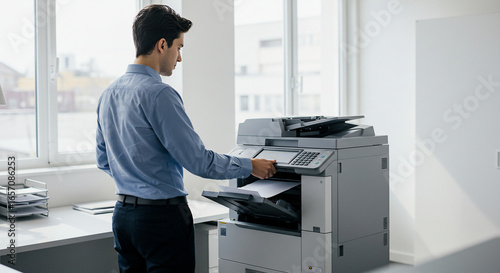 Man using a photocopier in a modern office environment, handling documents and paperwork for business tasks