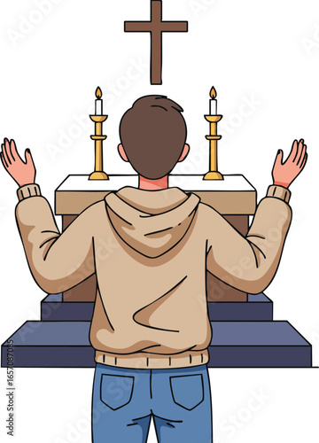 Person praying at church altar with cross and candles in religious worship scene vector illustration 