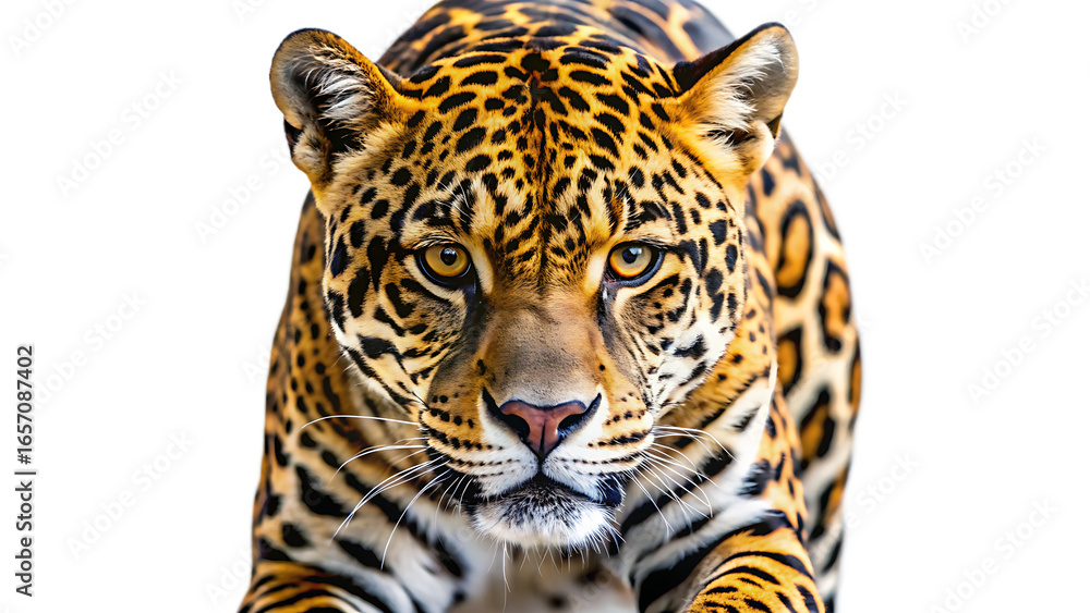 Obraz premium A jaguar stares forward isolated on transparent background
