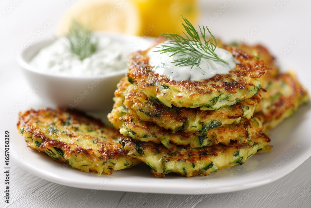 Delicious zucchini fritters served with cool dill sauce and fresh lemon slices on a bright, sunny kitchen table Delicious zucchini fritters served with cool dill sauce and fresh lemon slices on a bright, sunny kitchen table