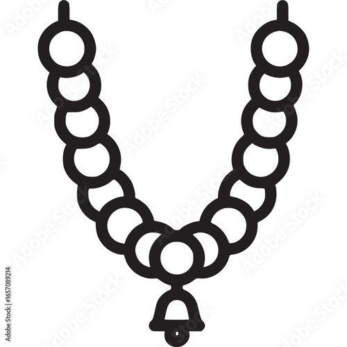 A simple line art illustration of a mala bead necklace, a spiritual tool for prayer and meditation isolated on white background