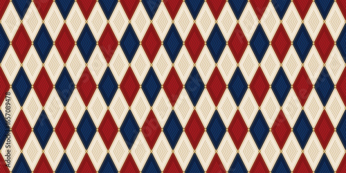 Vector Christmas Argyle Seamless Pattern. Red, Blue, White, Golden Colors Geometric Diamond Holiday Background