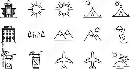 summer travel icon set. holiday tour icons for app and website containing hotel sun camp mountain drink plane island. transparent png and vector.