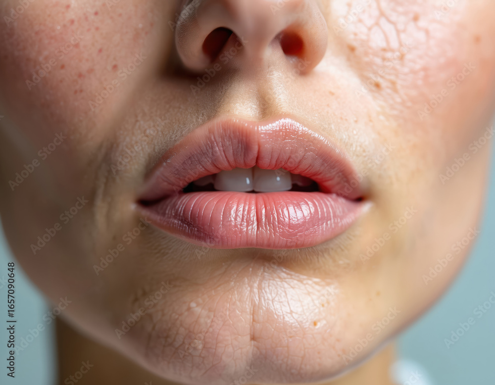 Fototapeta premium Close-up of dehydrated lips and skin texture. Shows dryness, cracked appearance, flaking, and wrinkles. Illustrates common skin problems and need for hydration treatment and care for healthier look.