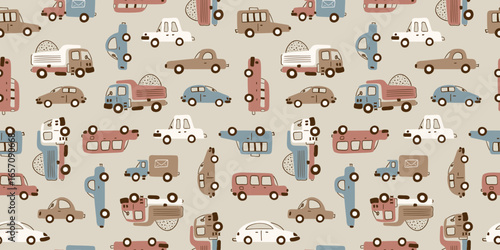 Cartoon Toy Cars Seamless Pattern. Playful Doodle Background in Earth Tones for Kids. Cute Baby Transportation Design, Vector Illustration for Nursery, Fabric