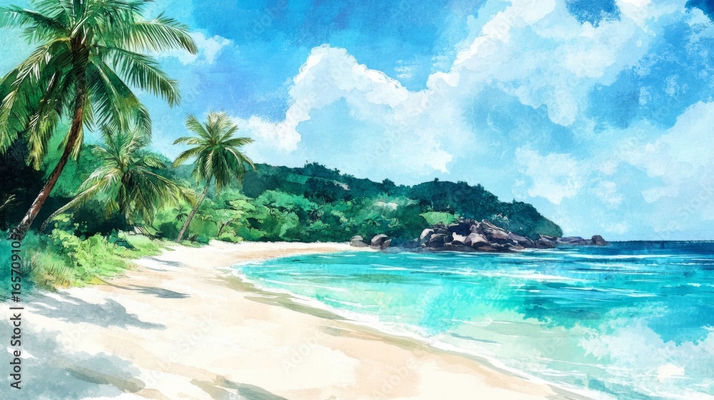 Fototapeta premium beach with beautiful palm trees, in daylight, painted with watercolor generative ai