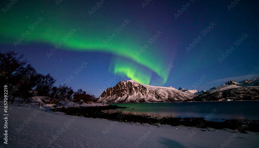 Naklejka premium Northern Lights over a snowy fjord