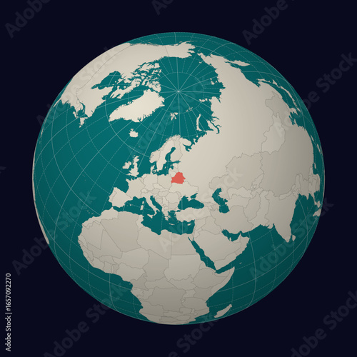 Republic of Belarus on the map. Globe centered to Belarus. Country location on the world map. Teal Pale Mint color palette. Globe with countries, meridians and parallels.