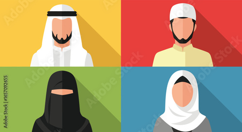 Vector art of diverse muslim men and women in traditional attire representing culture and faith